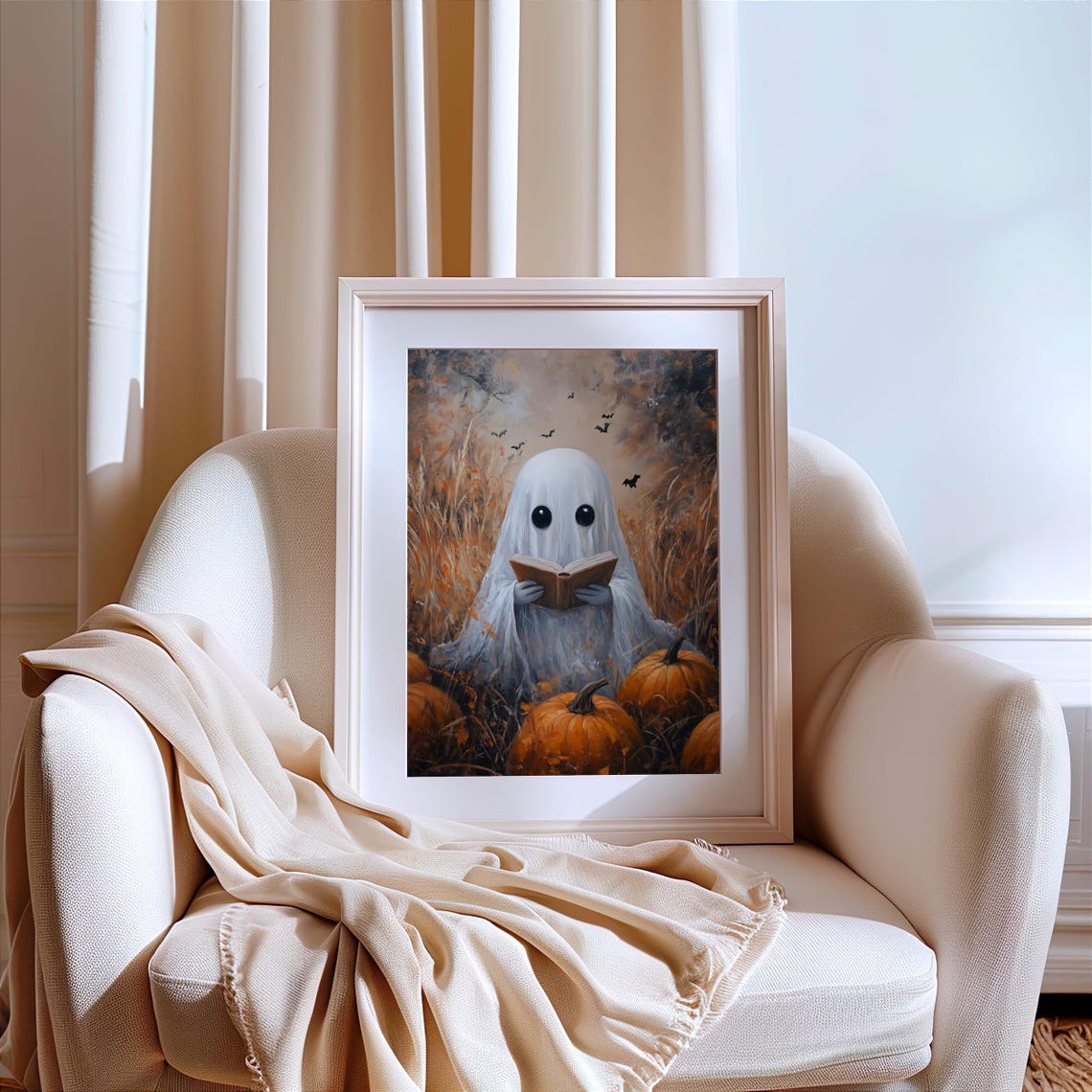 Cute Ghost Reading Book in Pumpkin Patch Halloween Night Poster - Image 7