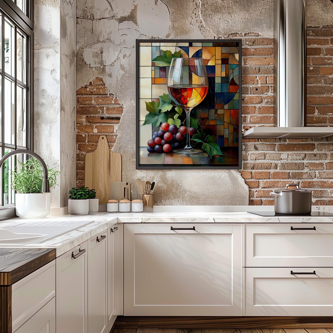 Stained Glass Style Wine Glass with Grapes Vibrant Mosaic Art Poster - Image 2