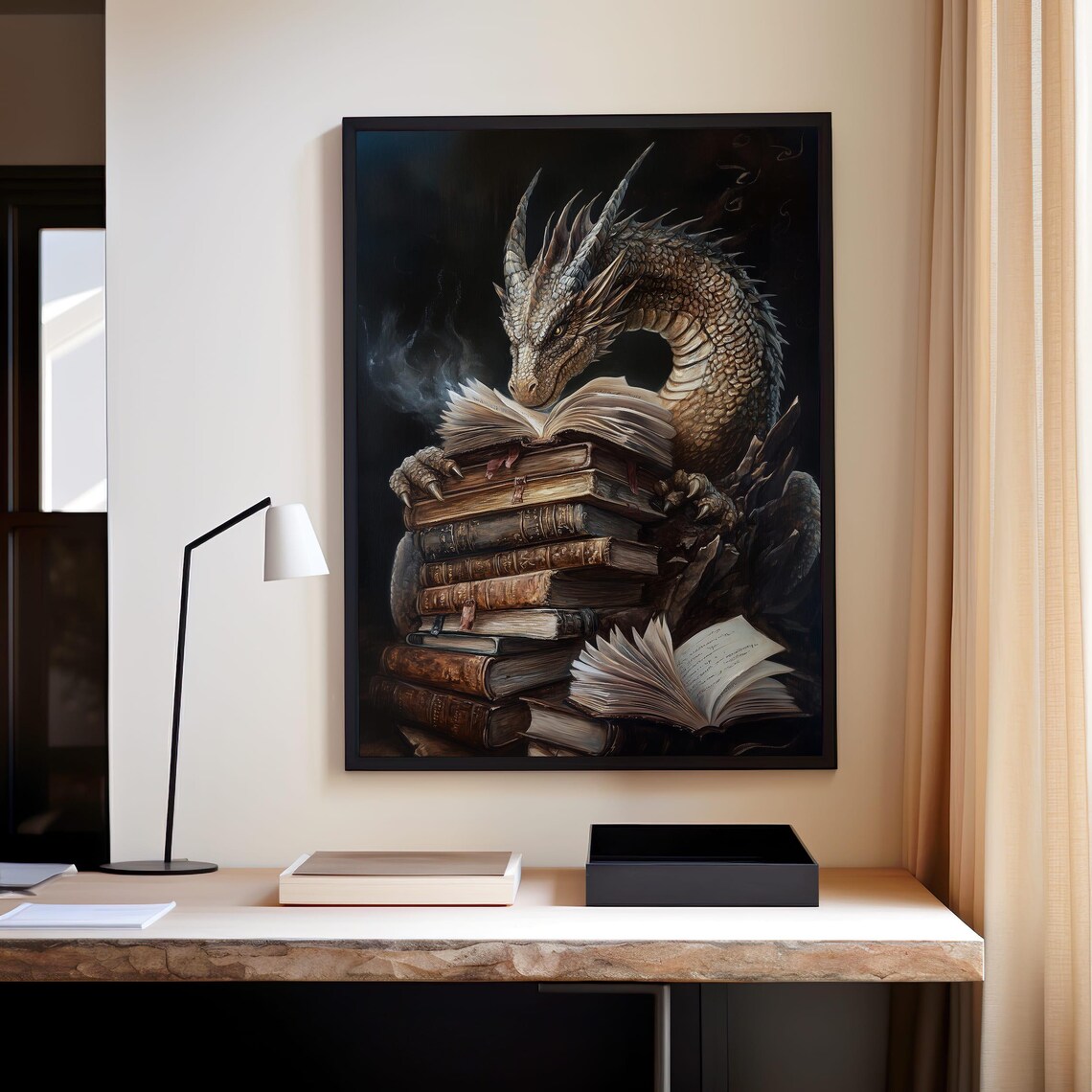 Fantasy Dragon Book Art Print, Mythical Library Decor - Image 6
