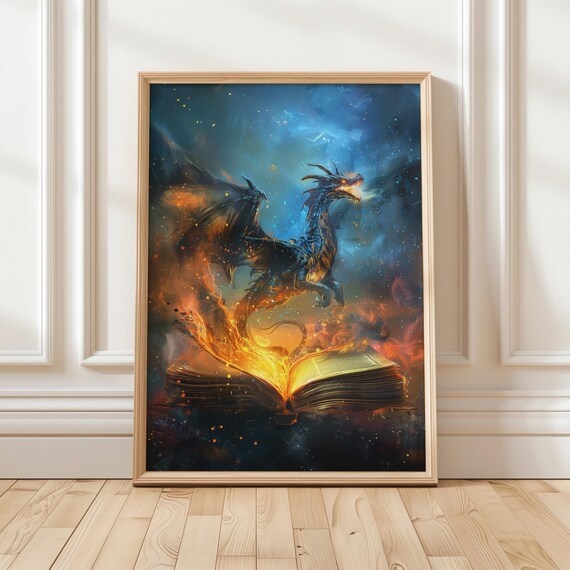 Fiery Dragon Emerging from Burning Open Book Fantasy Magic Art Poster