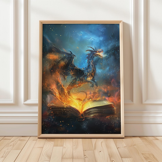 Fiery Dragon Fantasy Art Print Magical Book Lover's Decor Enchanting Wall Art