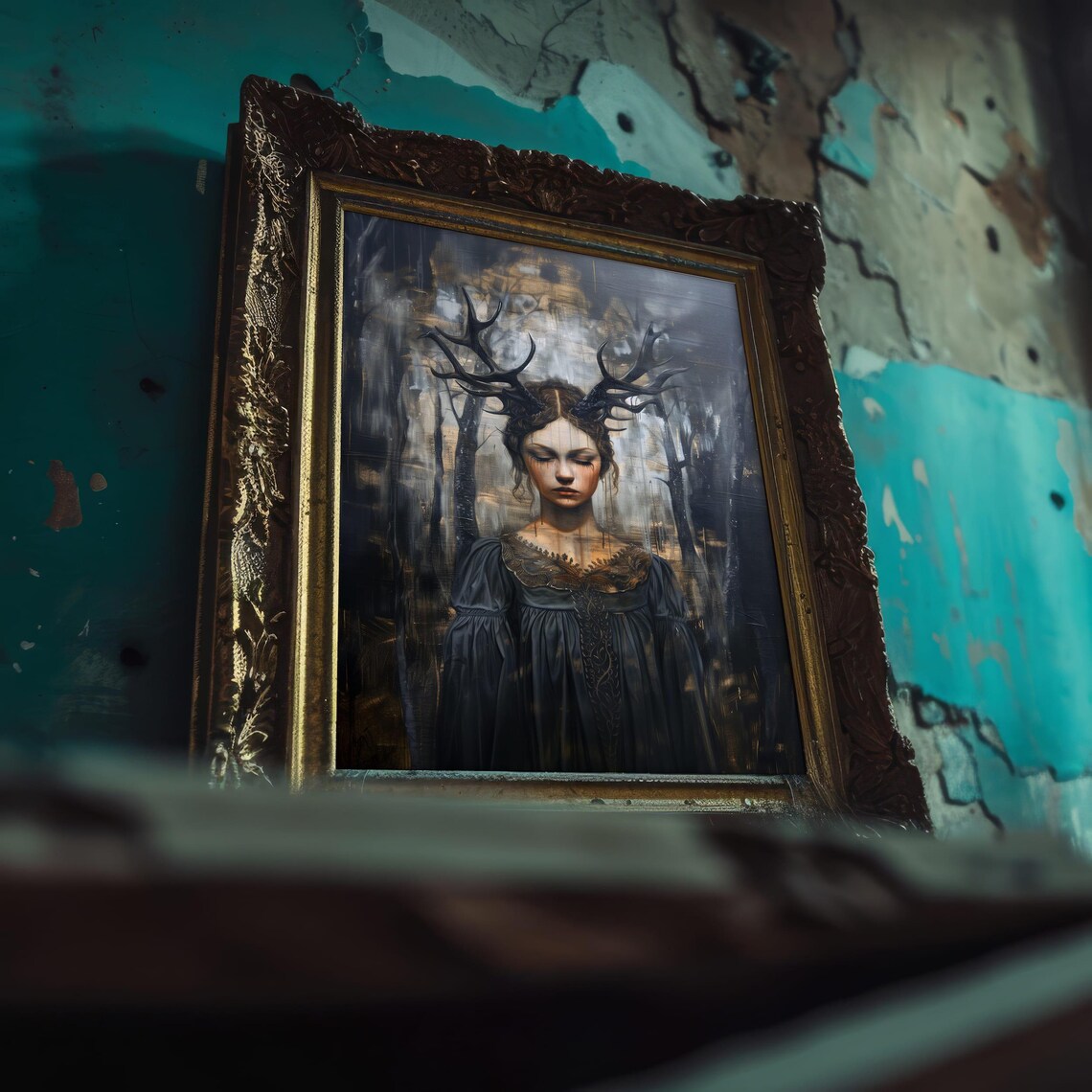 Gothic Antlered Woman Dark Forest Mystery Portrait Art Poster - Image 6