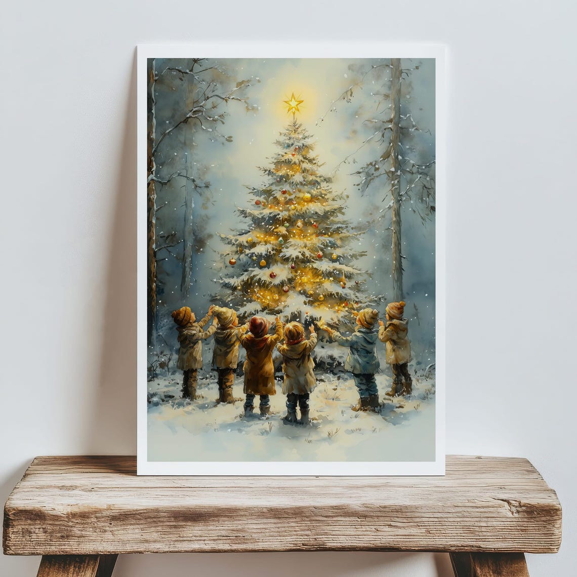Six Children Around Glowing Christmas Tree Snowy Woods Poster - Image 6