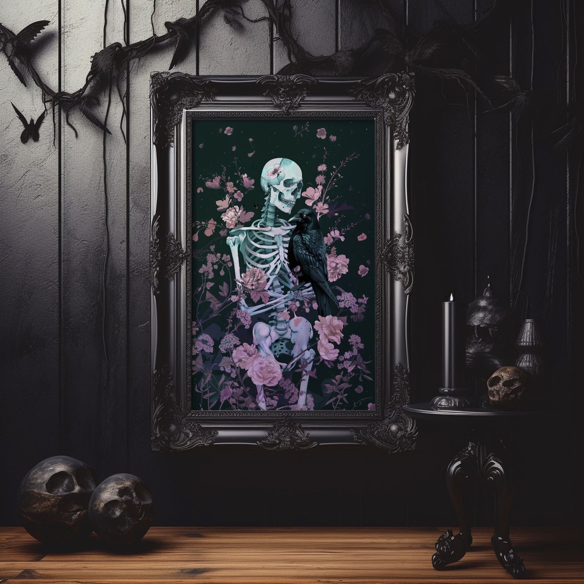 Skeleton And Raven Among Pink Blossoms Dark Gothic Floral Art Poster - Image 5
