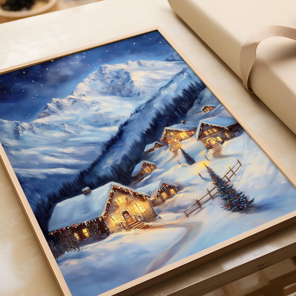 Christmas Alpine Village at Night with Decorated Tree and Cabins Poster - Image 2