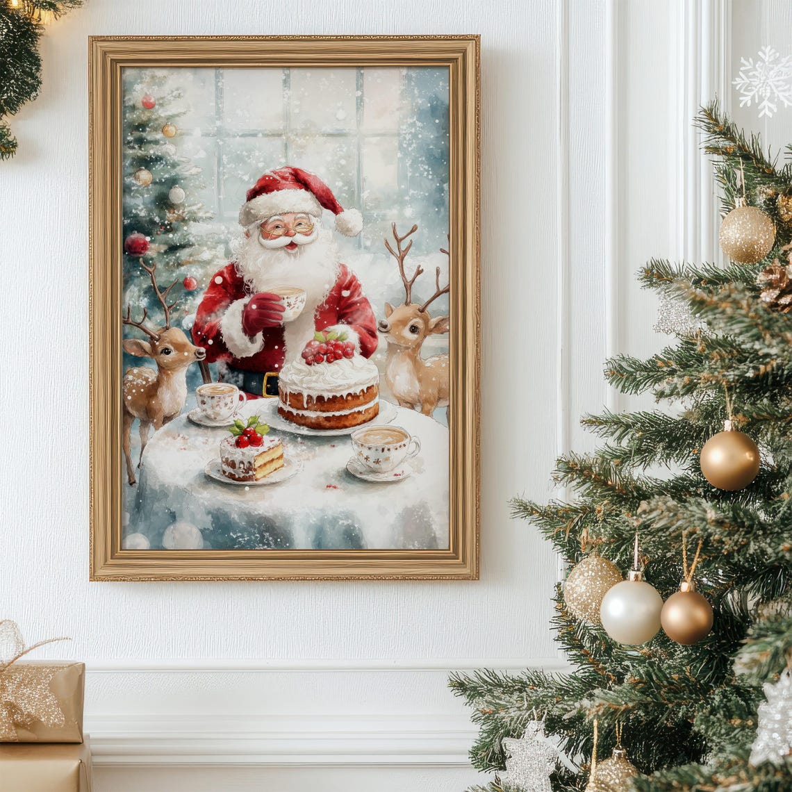 Santa Claus Tea Party With Reindeer Watercolor Christmas Poster - Image 7