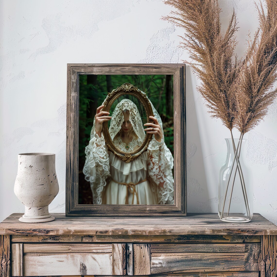 Dark Academia Woman Holding Golden Mirror In Forest Moody Art Poster - Image 8