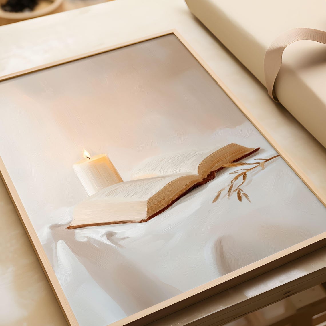 Minimalist Candle and Open Book Warm Neutral Still Life Art Poster - Image 5