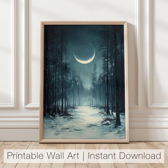 Dark Moonlit Pine Forest Path With Glowing Crescent Moon Poster