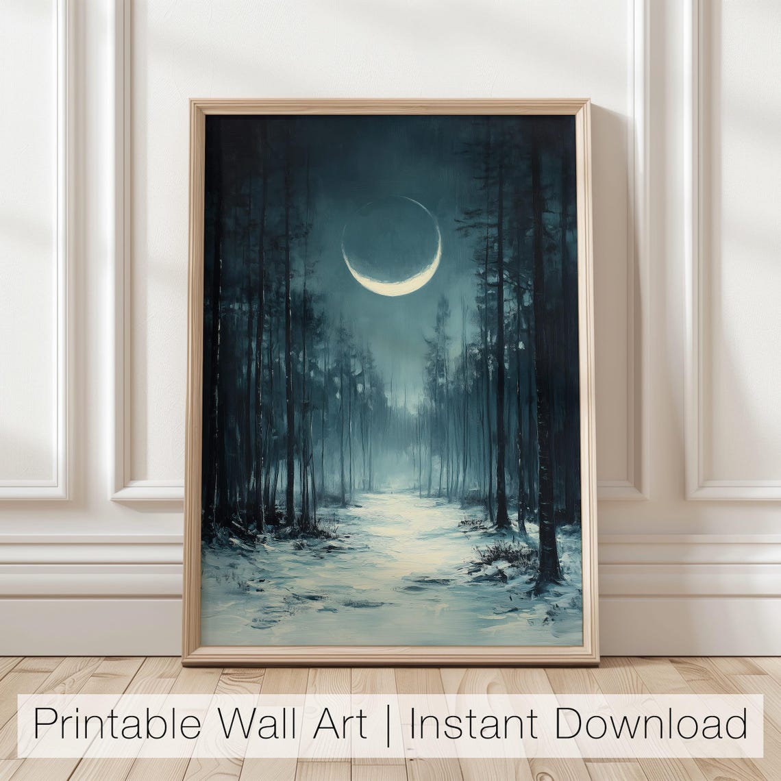 Dark Moonlit Pine Forest Path With Glowing Crescent Moon Poster