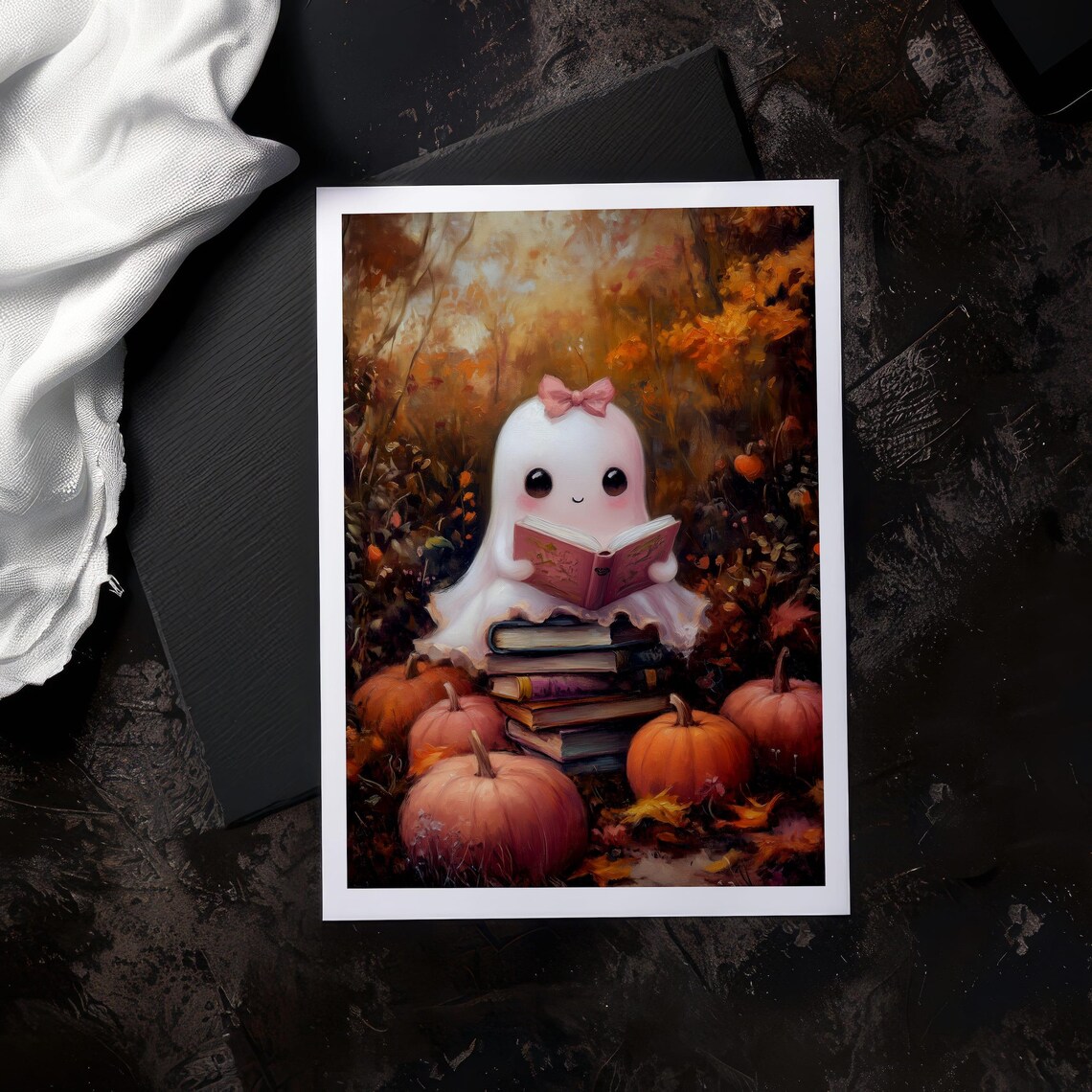 Cute Ghost Reading Art Print Pink Halloween Book Decor Adorable Autumn Wall Art Cozy Fall Artwork - Image 4
