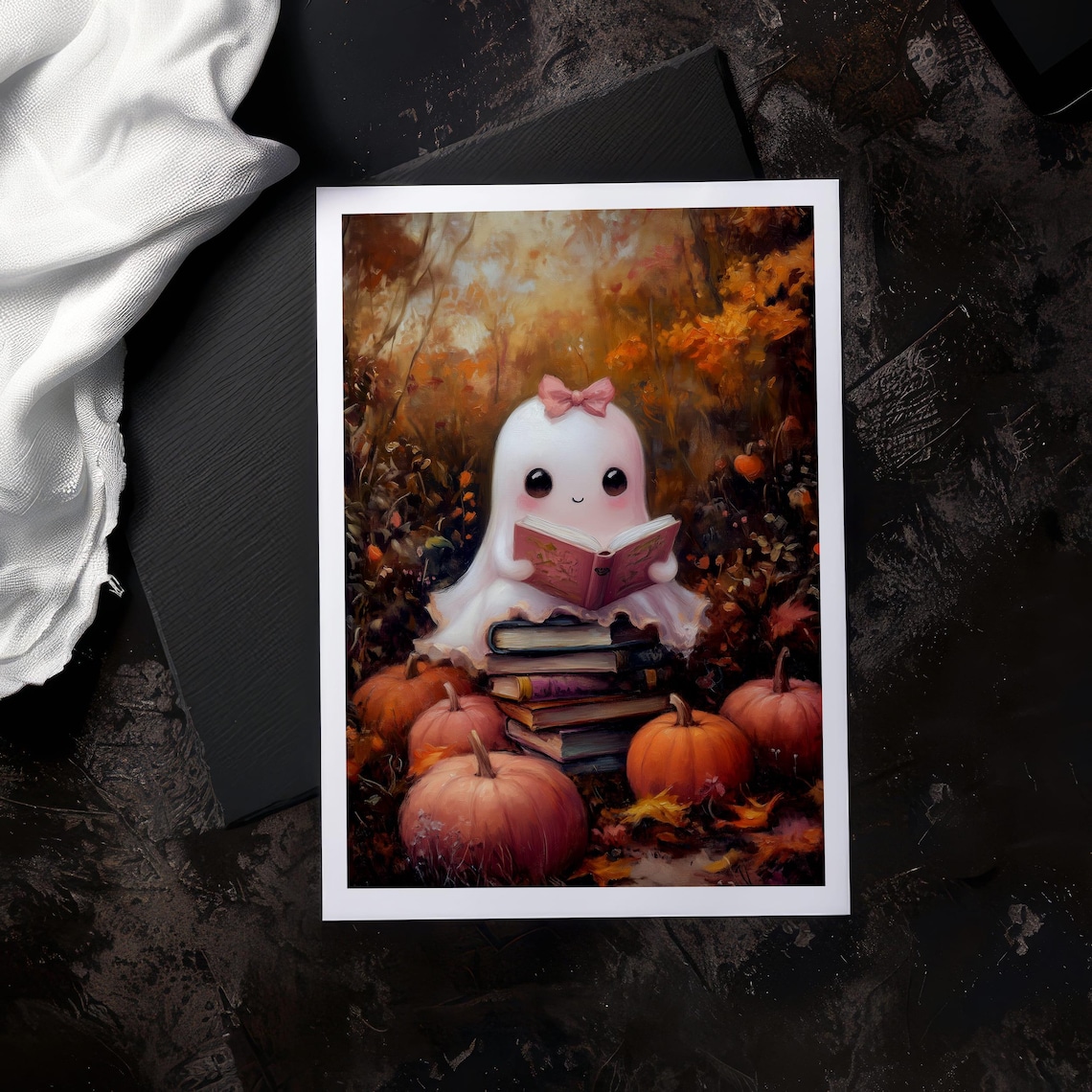Cute Ghost Reading Book Among Pumpkins Autumn Forest Halloween Poster - Image 4