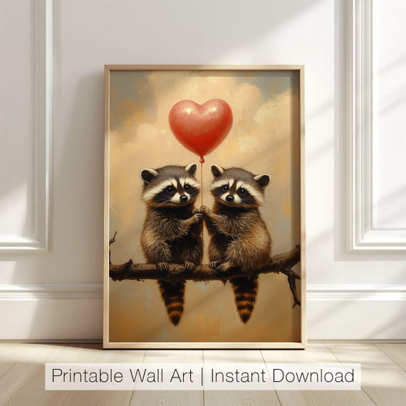 Raccoon Love Art Print Valentine Animal Wall Art Cute Couple Raccoon Decor Valentine Art Romantic Wall Decor