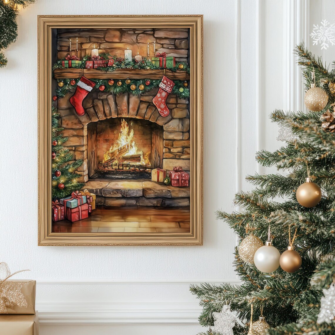 Cozy Christmas Fireplace Stockings Watercolor Holiday Wall Poster - Image 3