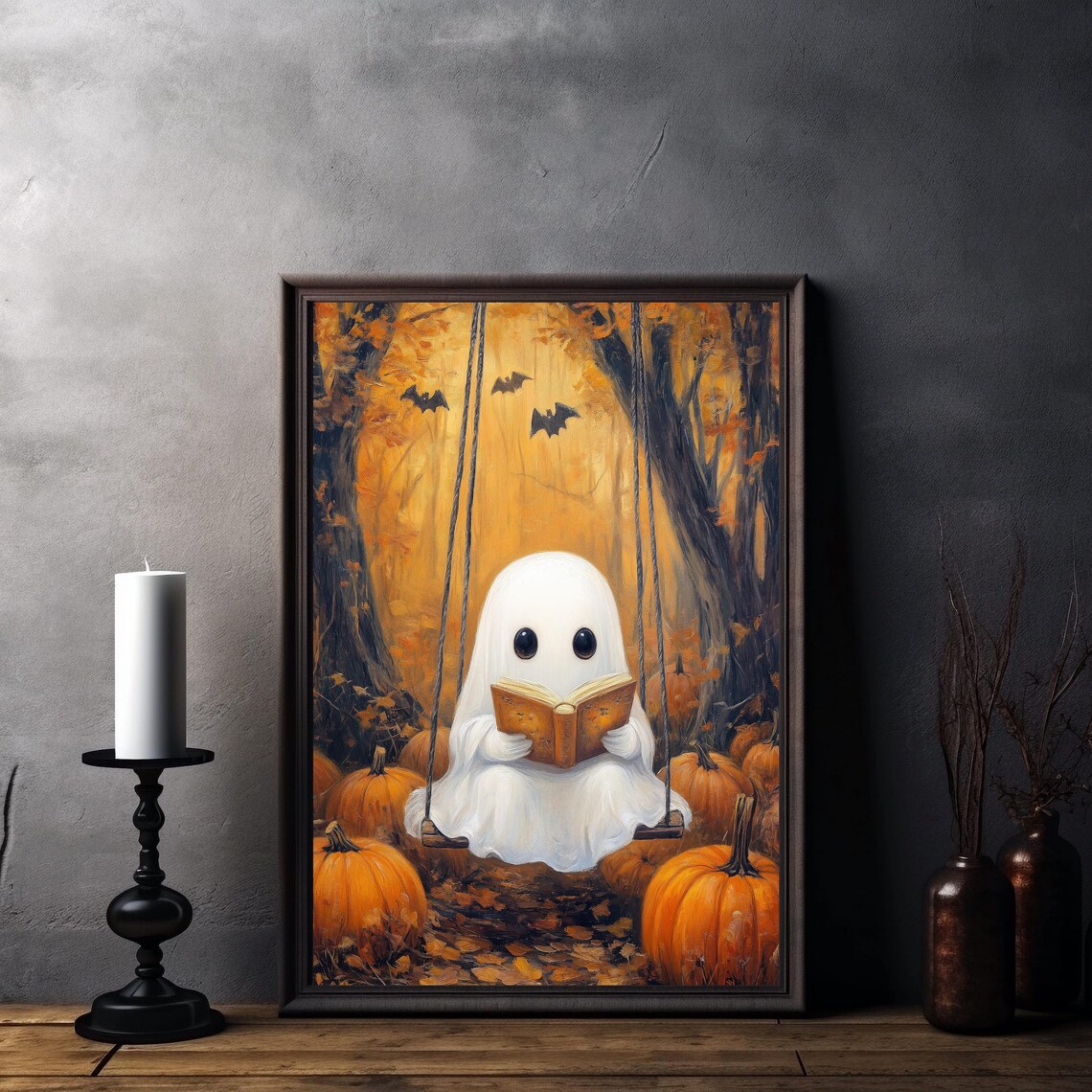Cute Ghost Reading Art Print Halloween Book Lover Decor Spooky Autumn Wall Art Cozy Fall Art - Image 2