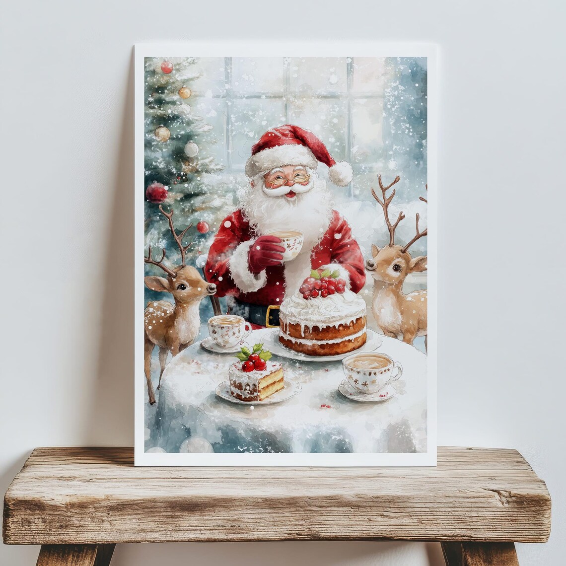 Santa Claus Tea Party With Reindeer Watercolor Christmas Poster - Image 6