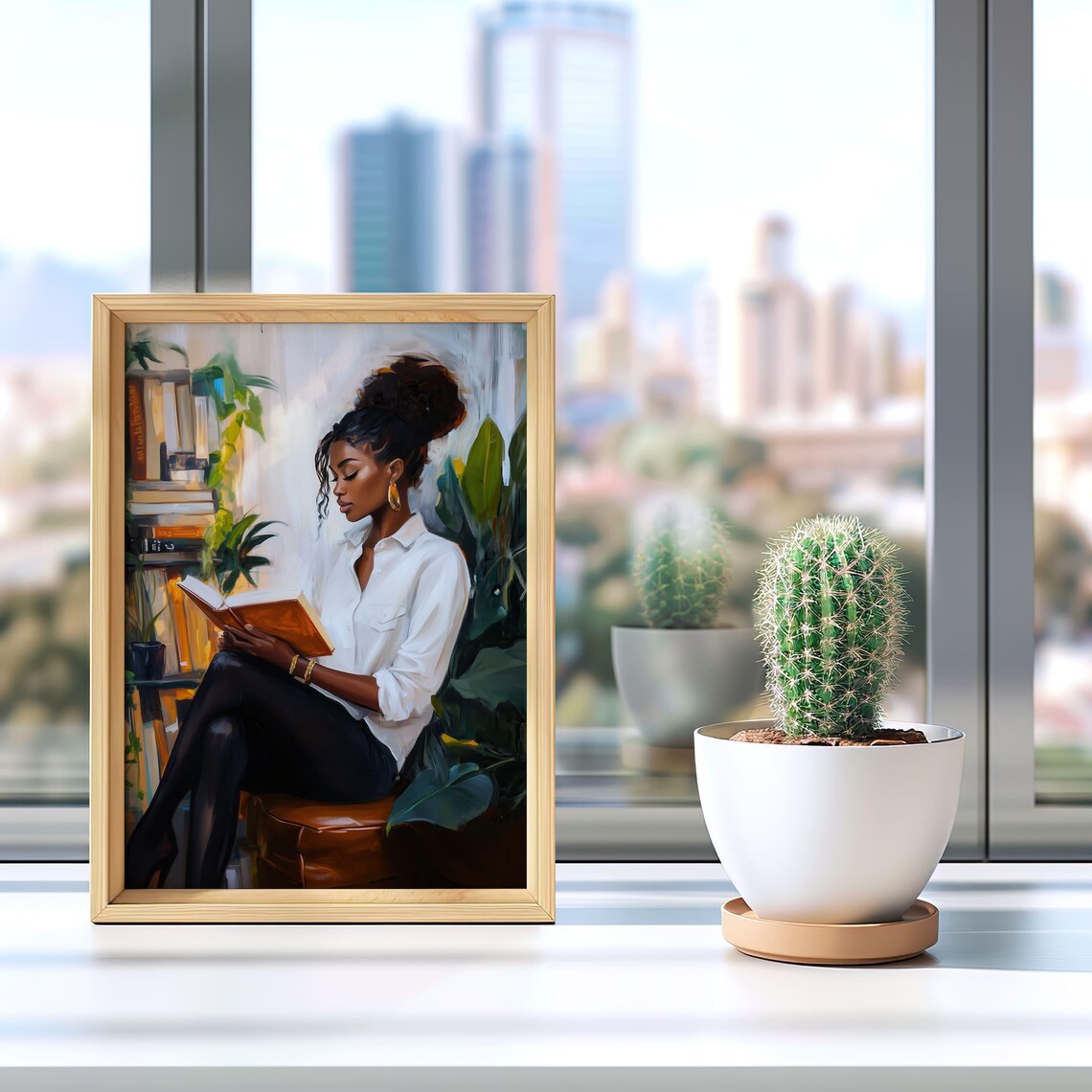 Black Woman With Top Knot Reading In Plant-Filled Library Poster - Image 3
