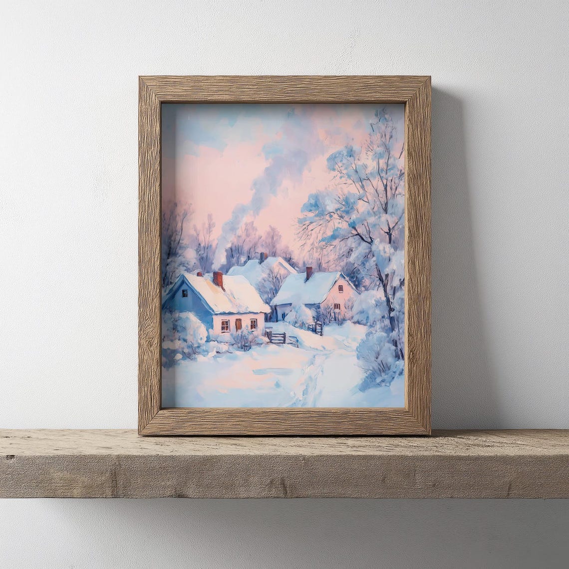 Snowy Winter Village Cottages In Pastel Hues Landscape Poster - Image 2