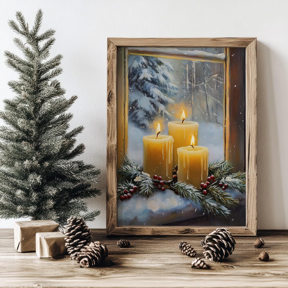 Cozy Winter Candle Window Snowy Pines Holiday Christmas Glow Poster - Image 3