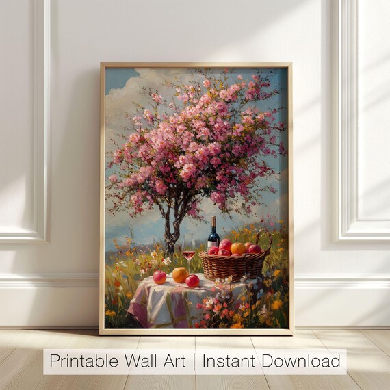 Spring Picnic Blooming Tree Wine Basket Apples Countryside Meadow Poster