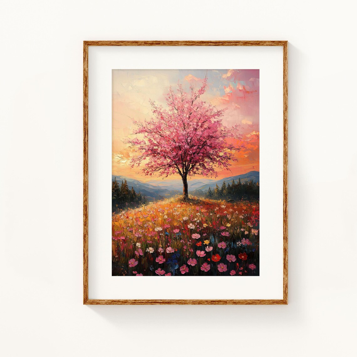 Cherry Blossom Tree Sunset Wildflower Field Mountain Glow Spring Art Poster - Image 3