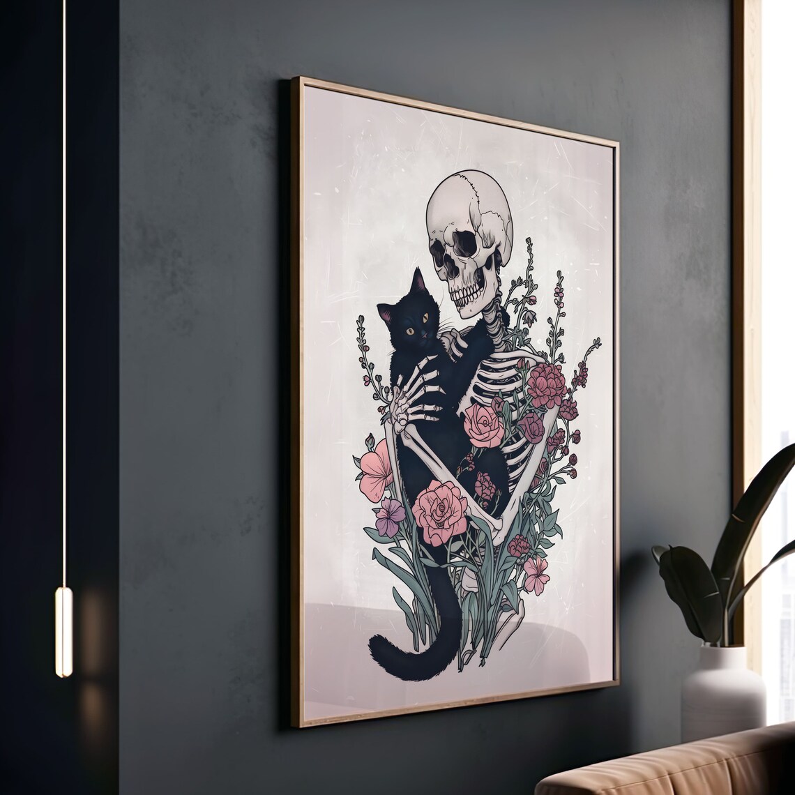 Gothic Skeleton With Cat, Dark Floral Art Print - Image 2