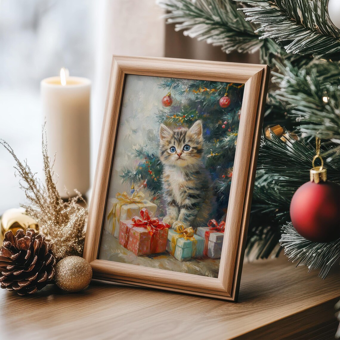 Cute Blue-Eyed Tabby Kitten by a Christmas Tree With Presents Poster - Image 6