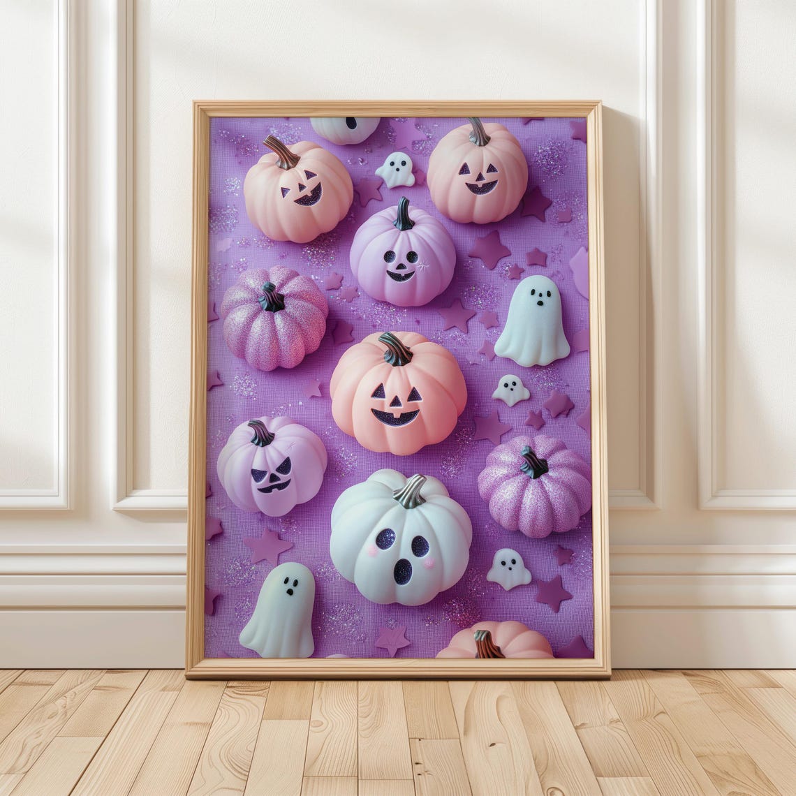 Pastel Purple Pumpkins Tiny Ghosts Halloween Flat Lay Style Wall Art