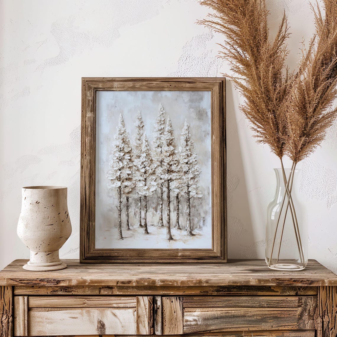 Snowy Pine Forest Textured Impasto Landscape Painting Poster - Image 2