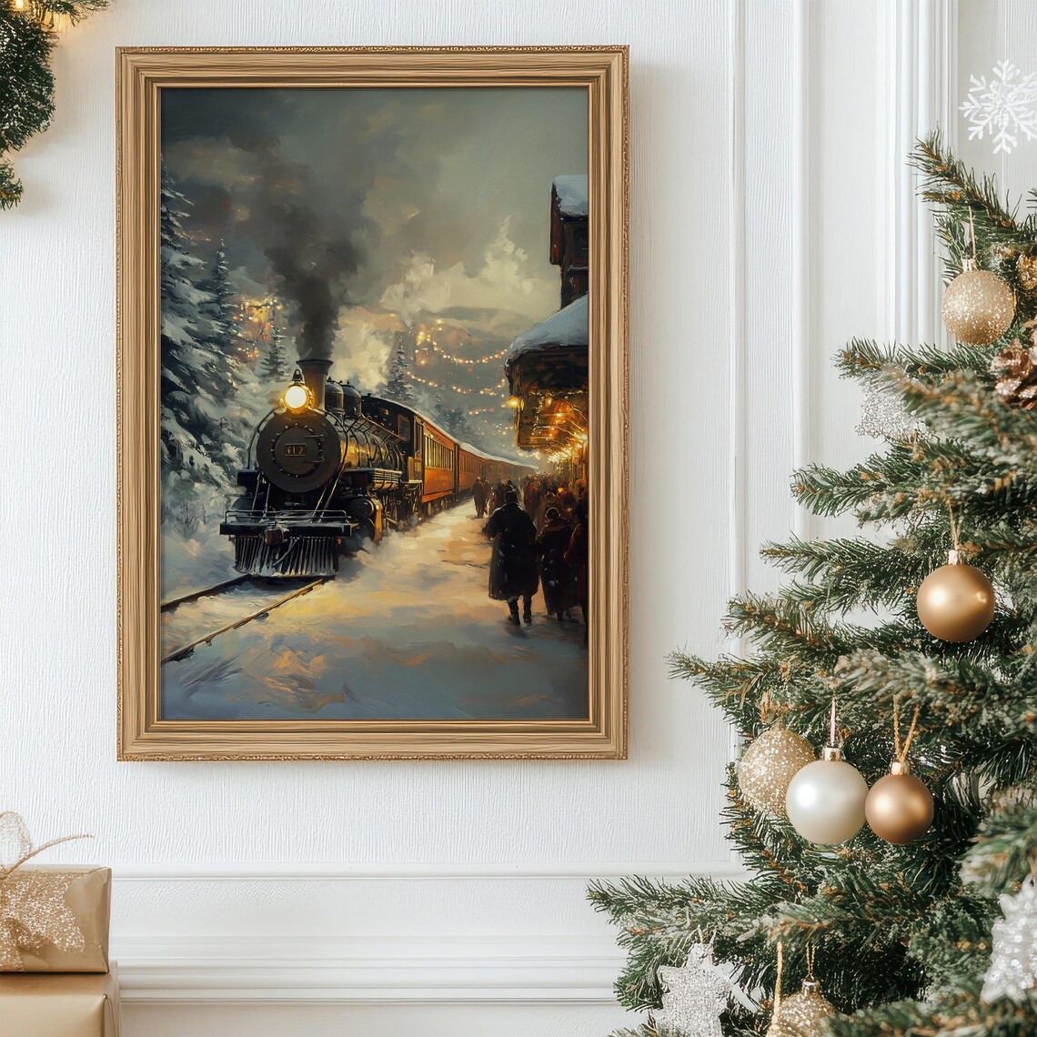 Vintage Steam Locomotive Number 12 Snowy Station Night Poster - Image 4