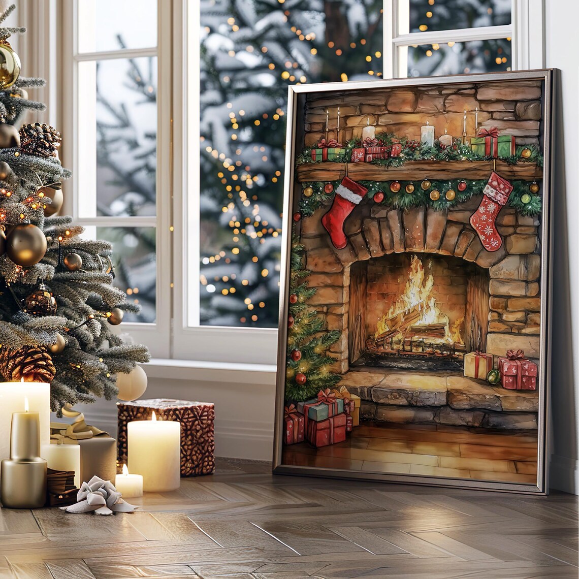 Cozy Christmas Fireplace Stockings Watercolor Holiday Wall Poster - Image 2