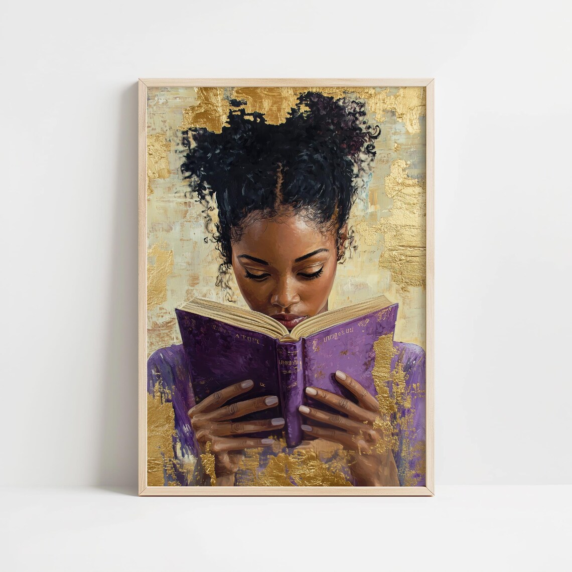 African American Woman Reading Purple Book Gold Leaf Art Poster - Image 8