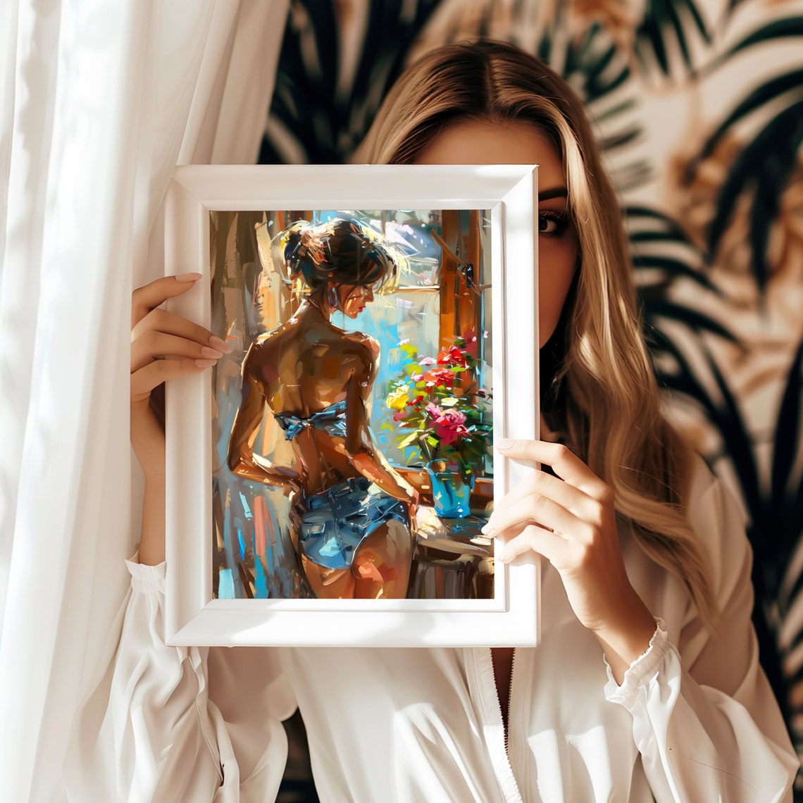Woman in Denim Shorts by Window Impressionist Painting Poster - Image 2