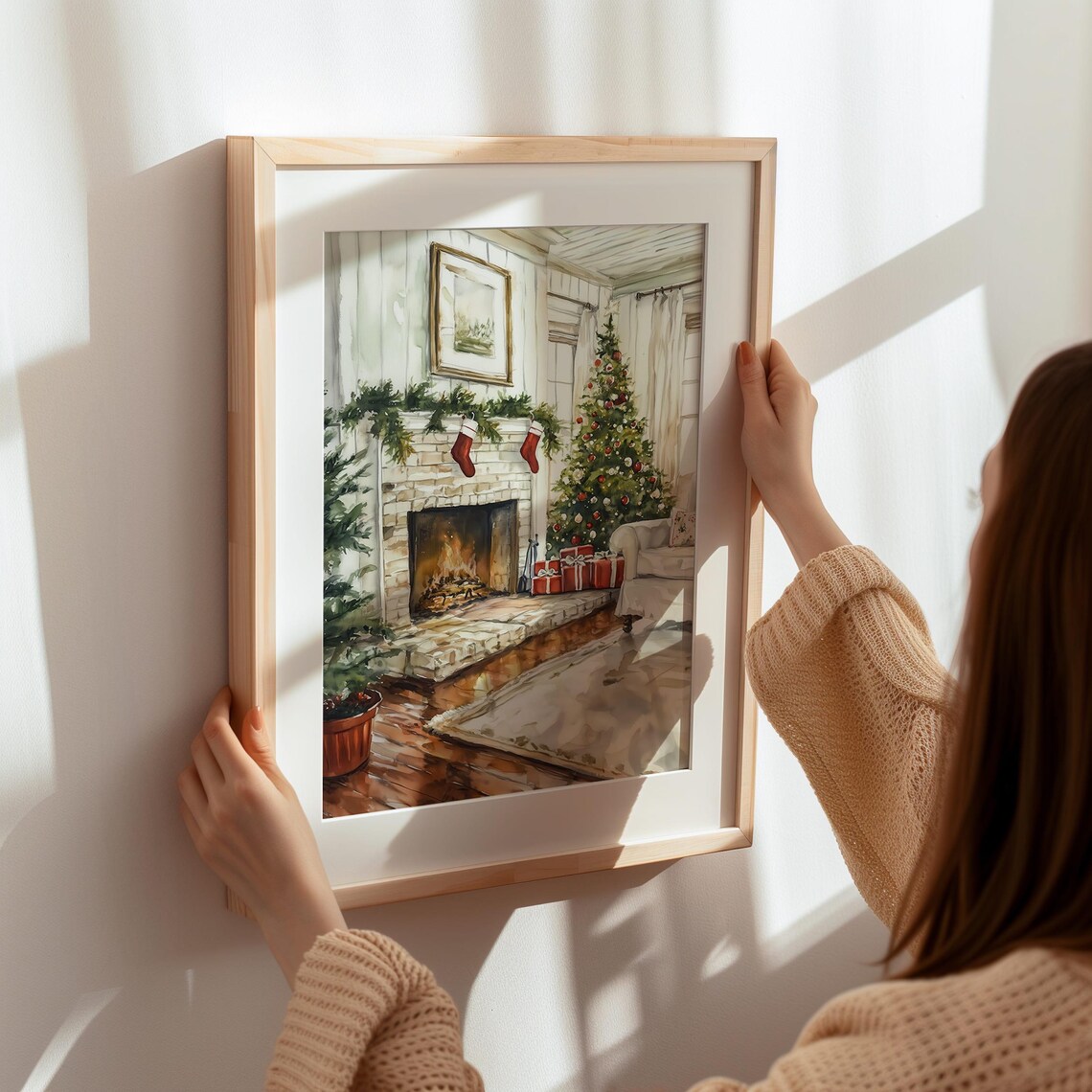 Watercolor Christmas Fireplace With Stockings Holiday Poster - Image 5