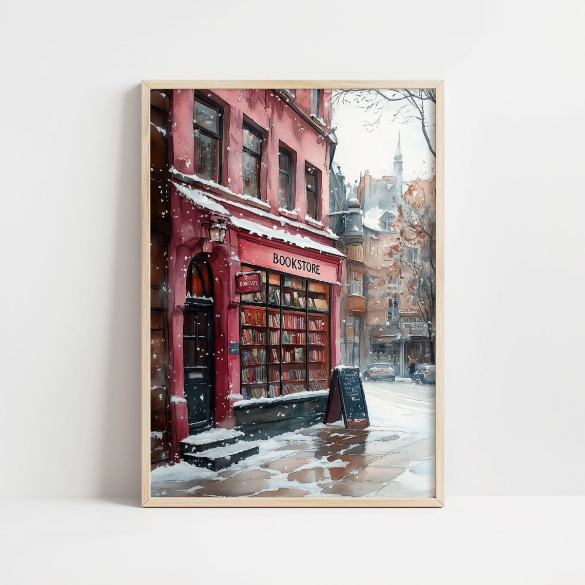 Red Bookstore Facade on a Snowy Winter Street Watercolor Poster - Image 8