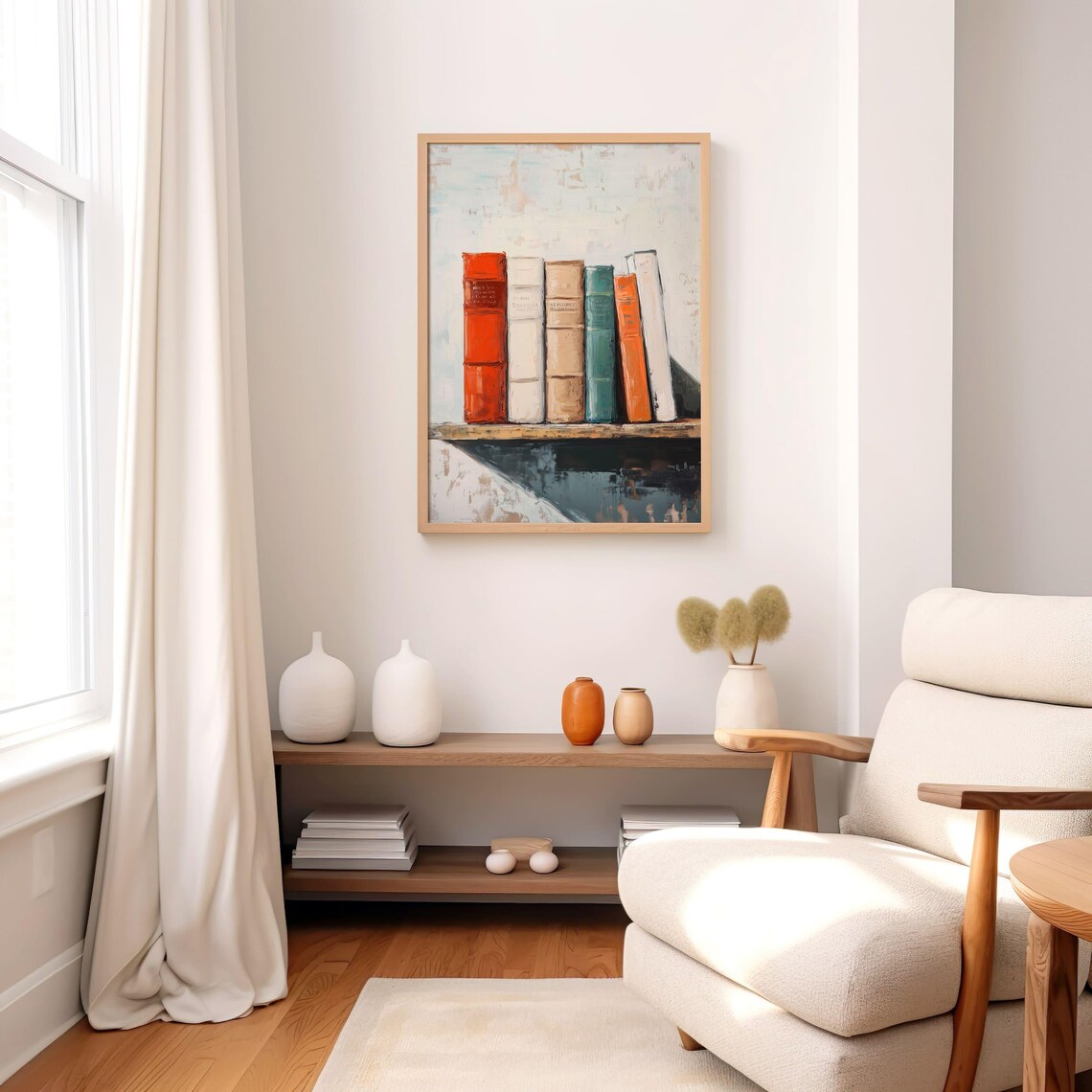 Minimalist Vintage Books On Wooden Shelf Oil Painting Poster - Image 4