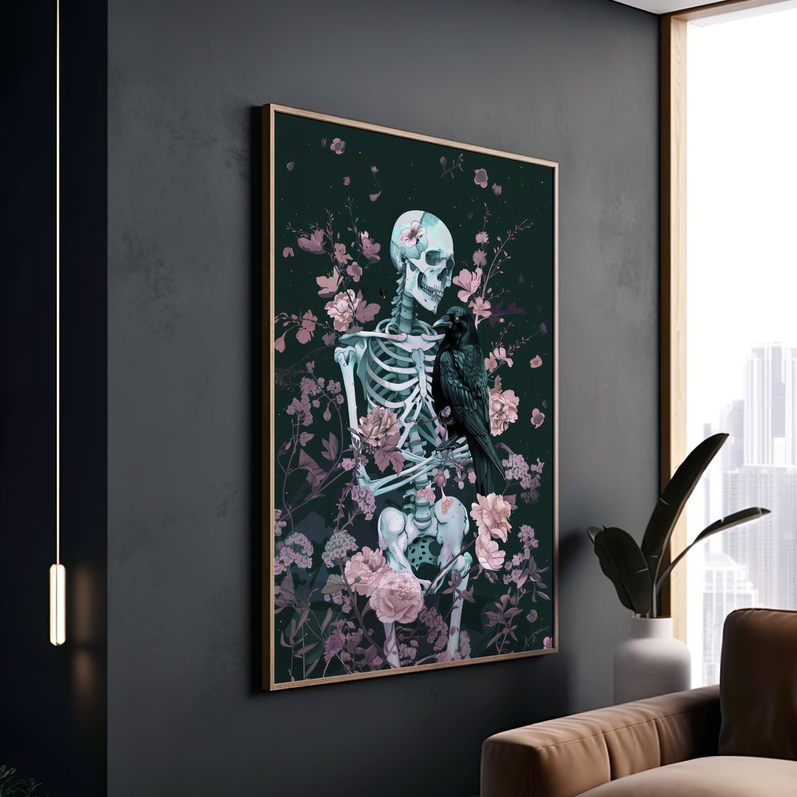 Skeleton And Raven Among Pink Blossoms Dark Gothic Floral Art Poster - Image 2
