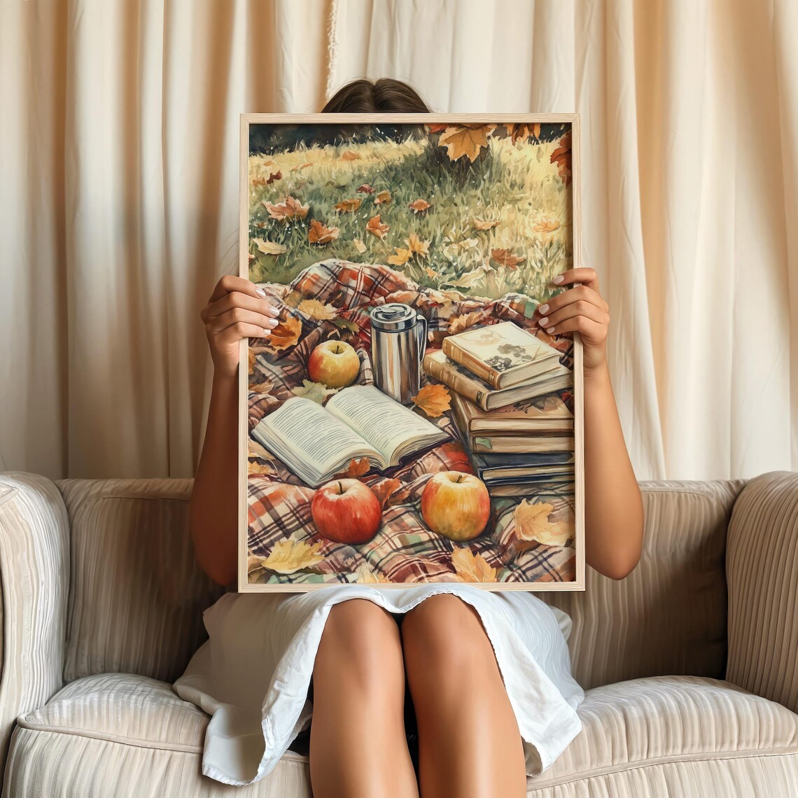 Autumn Picnic With Books Apples and Thermos Watercolor Poster - Image 2