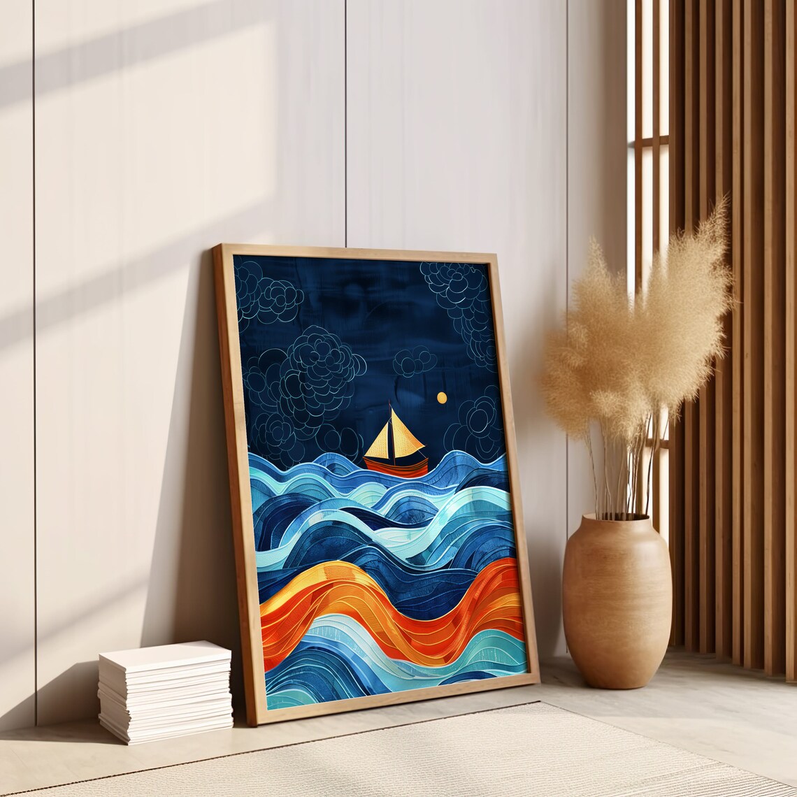 Golden Sailboat Night Waves Stylized Ocean Seascape Art Poster - Image 2