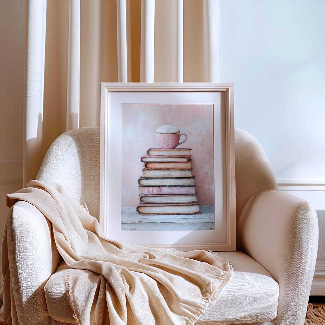 Pink Coffee Cup on Stack of Books Shabby Chic Reading Nook Poster - Image 4