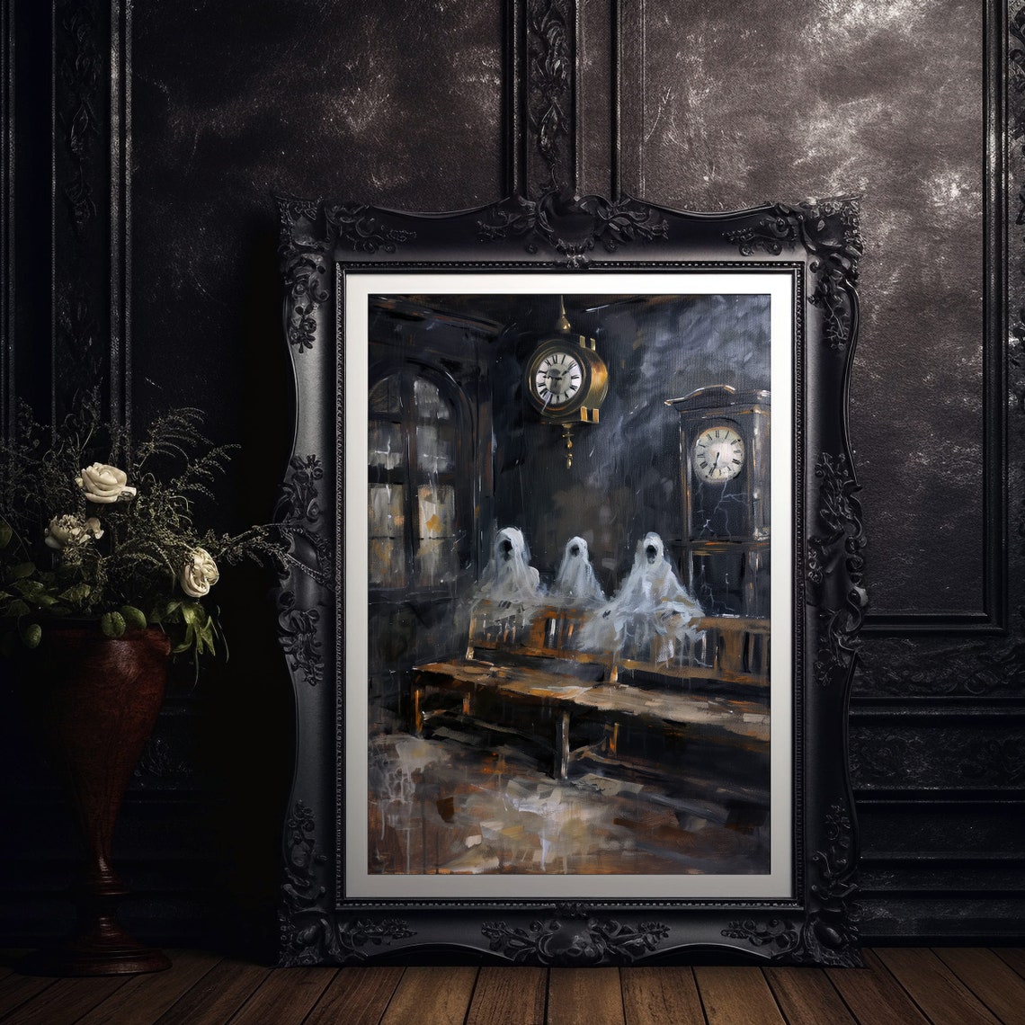 Three Ghosts in Old Waiting Room Clock Dark Gothic Art Poster - Image 4