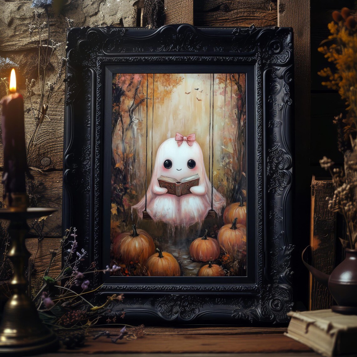 Pink Ghost Reading Art Print Cute Halloween Wall Decor Cozy Fall Book Lover Print Autumn Ghostly Art - Image 3