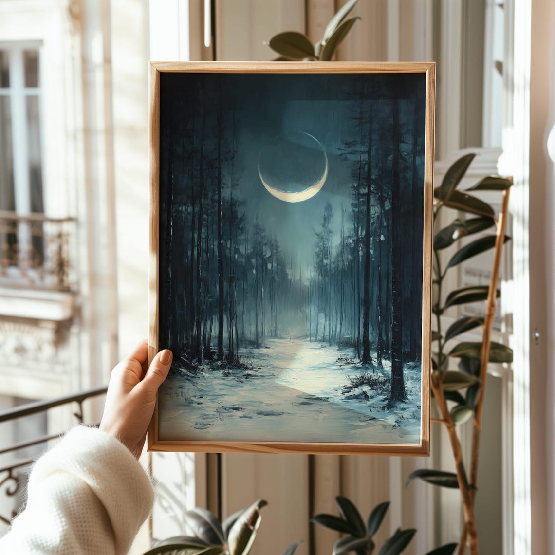 Dark Moonlit Pine Forest Path With Glowing Crescent Moon Poster - Image 2