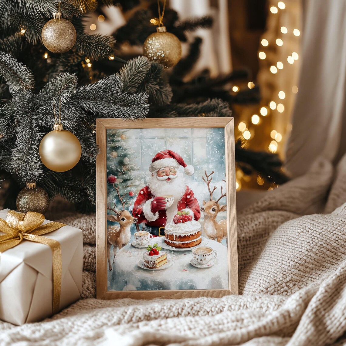 Santa Claus Tea Party With Reindeer Watercolor Christmas Poster - Image 5