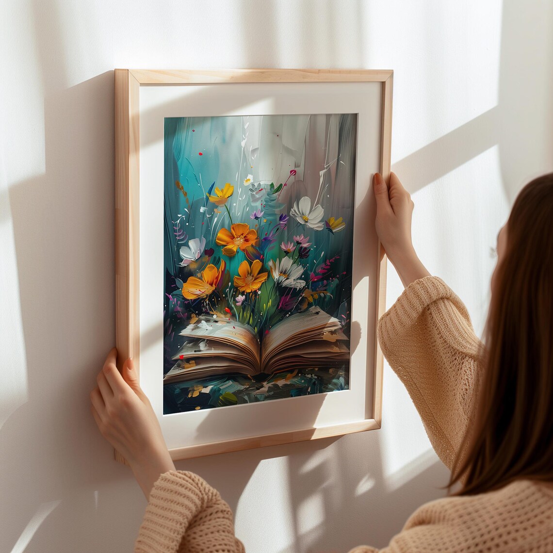 Wildflowers Blooming From Open Book Teal Floral Decor Art Poster - Image 7