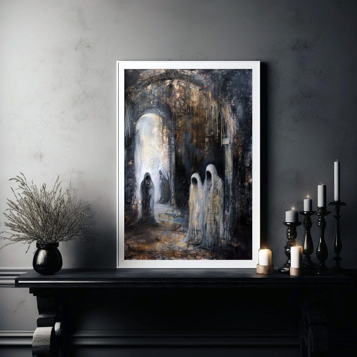 Hooded Ghosts in a Dark Stone Archway Gothic Painting Art Poster - Image 3