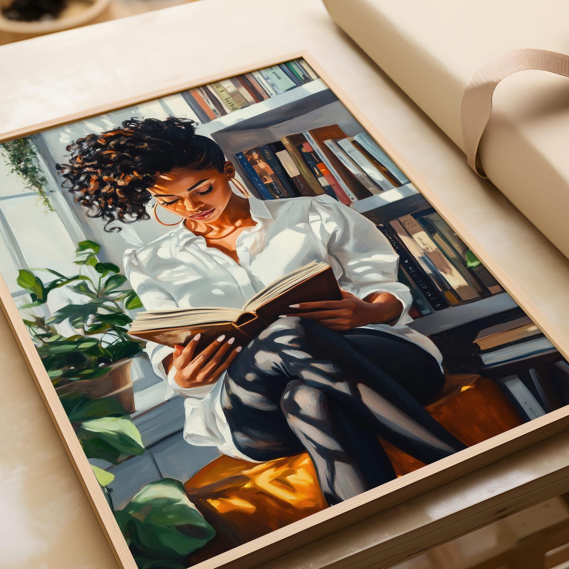 Black Woman With Curls Reading By Bright Window Bookshelf Poster - Image 4