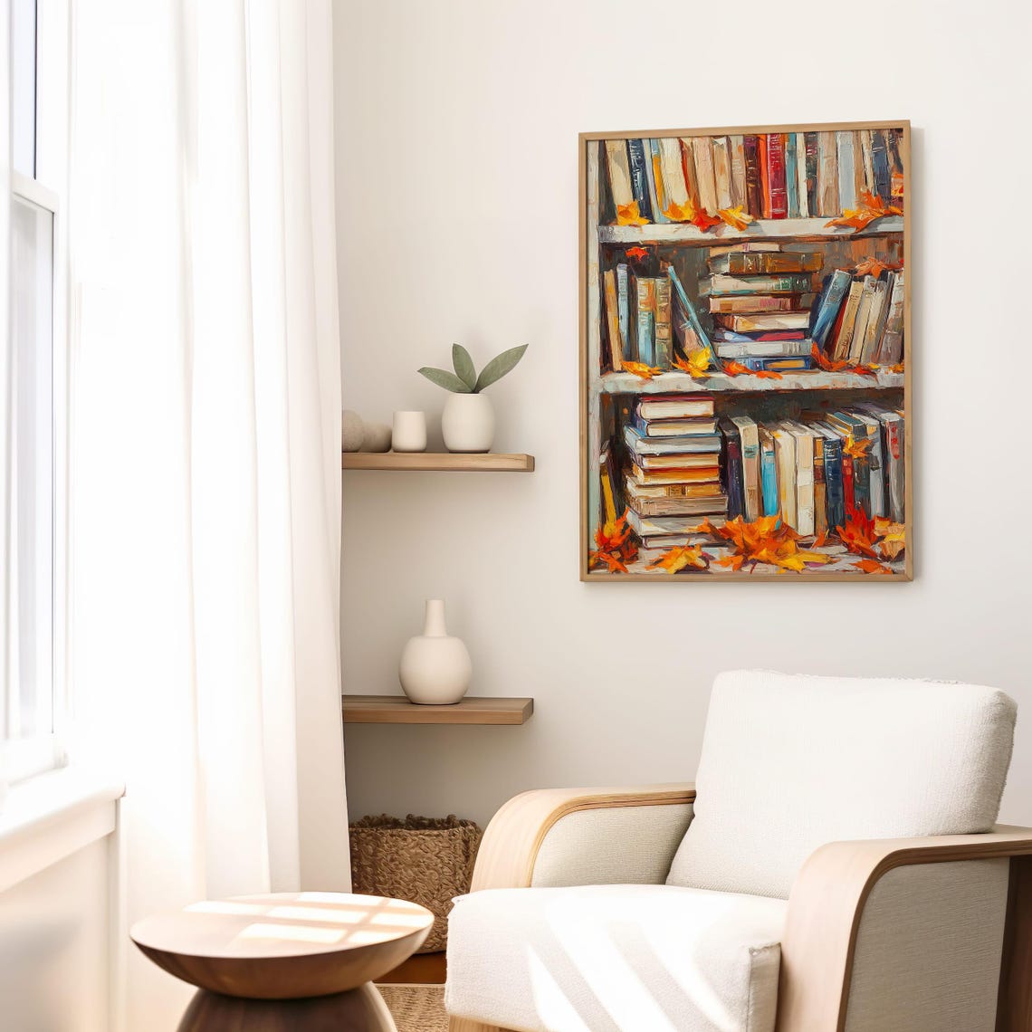 Autumn Bookshelf Painting With Fall Leaves Cozy Library Poster - Image 4