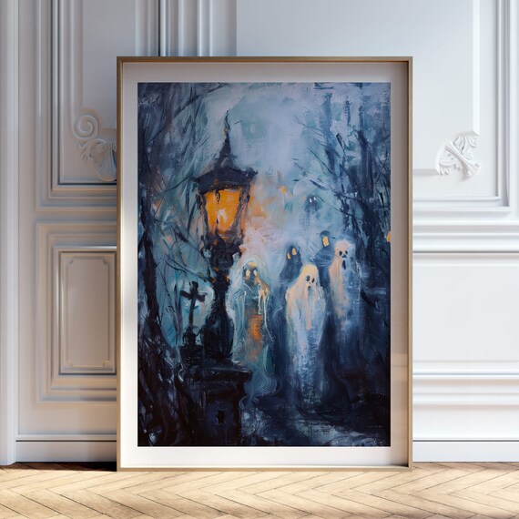 Ghosts By A Glowing Lantern In A Dark Forest Haunted Art Poster