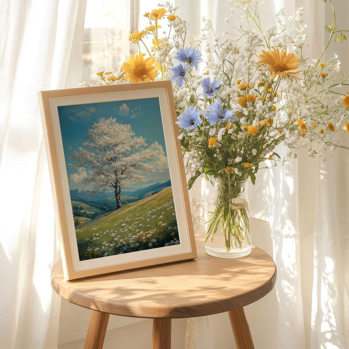 White Blossom Tree On Spring Hill With Wildflowers Art Poster - Image 2